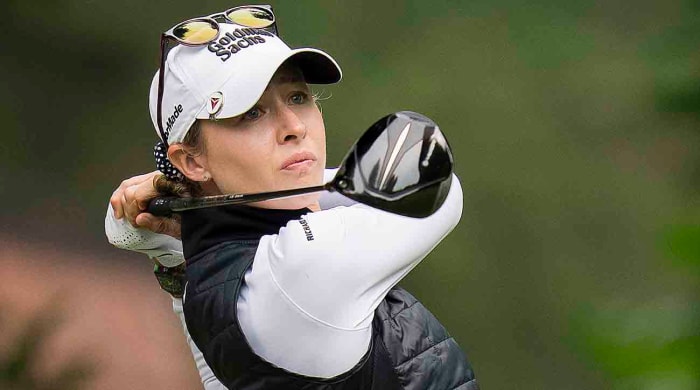 Nelly Korda tees off during the 2023 CPKC Women's Open in Canada.